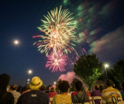 Crowd of people sitting watching fireworks in the night sky