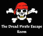 Graphic of a skull with cross bones wearing a red pirates bandana with the text "The Dread Pirate Escape Room." 