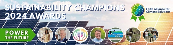 sustainability champions banner featuring headshots of past winners with a solar panel background