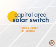 solar switch logo and solar untied neighbors logo with a solar panel background