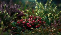 Image of green and purple plants coming up from the forest floor