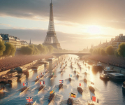Image of the Eiffel Tower with boats with flags of different countries rowing in the Seine 