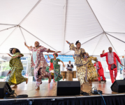 Image of people wearing traditional clothing dancing on a stage.
