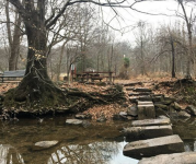 Path that crosses a river at Ellanor C. Lawrence Park