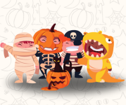 Graphic of children dressed in Halloween costumes