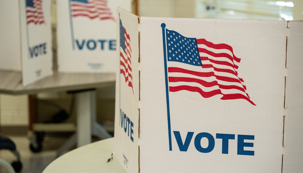 Image of voting dividers with a graphic of an American flag and the text "VOTE."