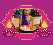 Image of a woman holding an Indian dish that she made.