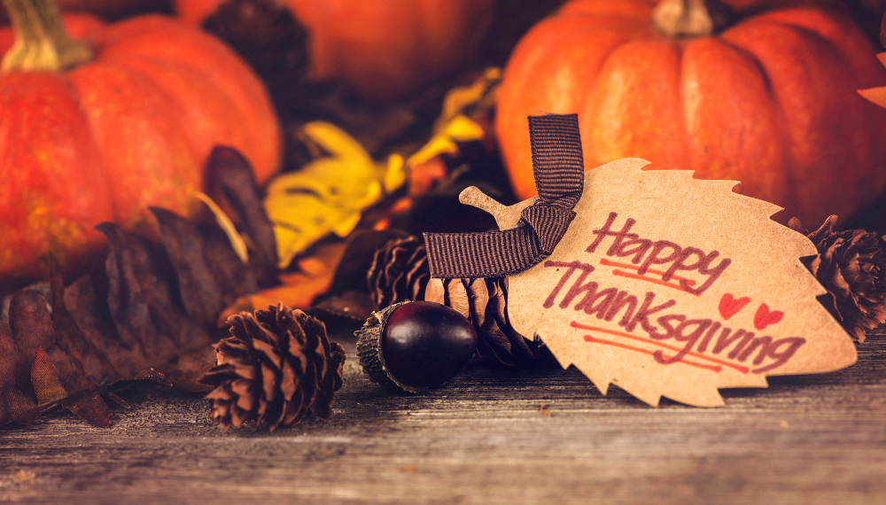 Image of pumpkins, acorns and pinecones on a wooden table. A handmade tag that reads "Happy Thanksgiving" is on the table as well.