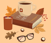 Graphic of a book with a cup of tea on top of it, surrounded by fall leaves and candles. 