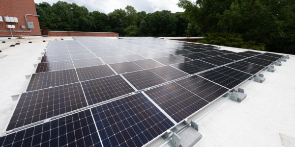 Image of solar panels on the roof of the Reston Community Center. 