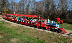 Image of the red Holiday Express train traveling through Burke Lake park. 