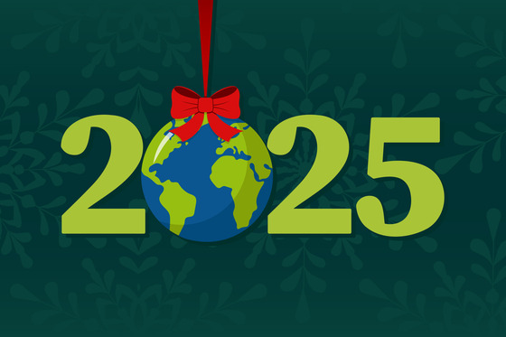 2025 graphic with 0 as a globe with a red bow on it
