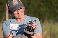 A person in a baseball hat holds a baby possum.
