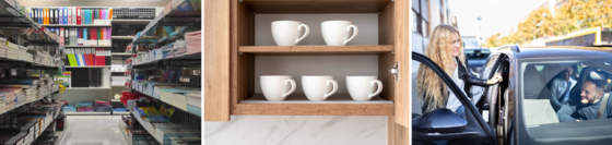 simple steps banner with photos of a office supply store aisle, reusable mugs and coworkers carpooling