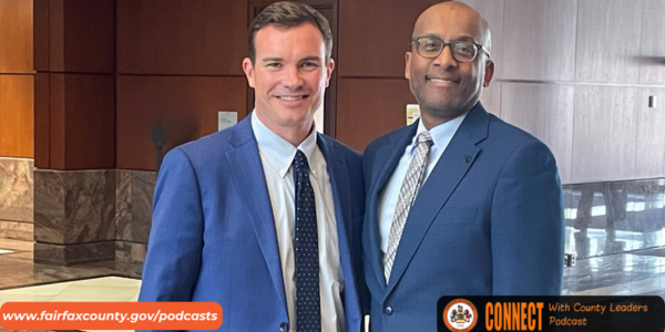 photo of two men posing with a link to fairfaxcounty.gov/podcast