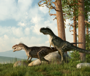 Drawing of dinosaurs in a grassy field.