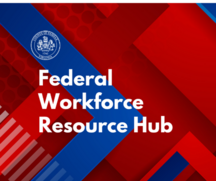 Federal Workforce Resource Hub graphic with red and blue background and county seal