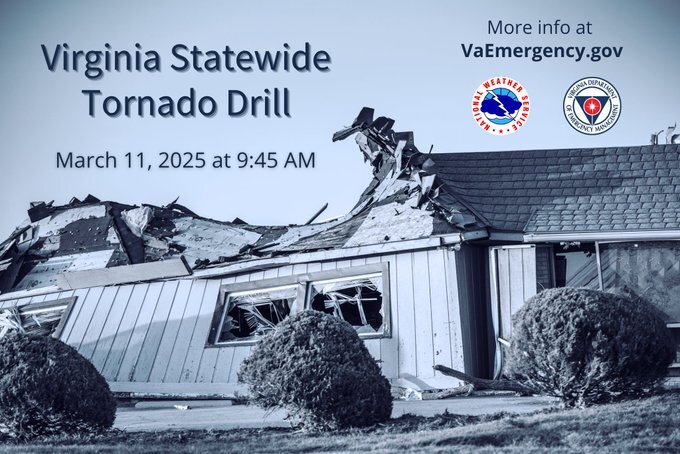 This year's Virginia Statewide Tornado Drill will be tomorrow, March 11 at 9:45 a.m. 