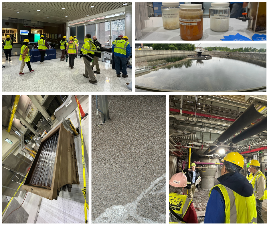 collage of photos of the water recycling plant and people in hard hats