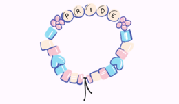 Graphic of a beaded bracelet that spells out "PRIDE" with drawn beads.