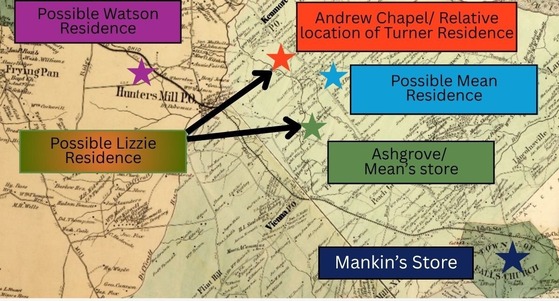 1879 Hopkin's Atlas edited to show possible locations associated with Lizzie's story