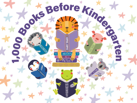 1000 Books Before Kindergarten graphic with cartoon animals reading books
