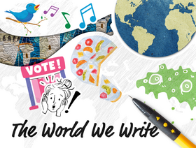 The World We Write Short Story Contest image with pen, bird singing, voting graphic