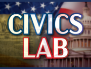 Civics Lab Event banner "Civics Lab" over background with out of focus constitution, capital building and American flag