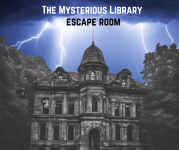 A image for "The Mysterious Library Escape Room" featuring a dark, eerie mansion with lightning bolts striking in a stormy sky.