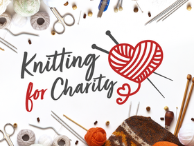 Various knittingsupplies lay against a white background accompanied by text that reads Knitting For Charity and a illustrative heart made of yarn