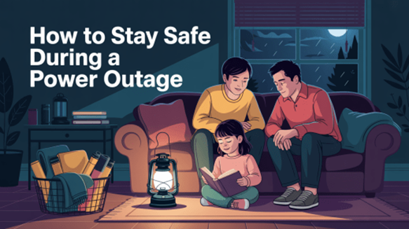 ai generated image of a family reading by a lantern during a power outage