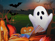 ghost, pumpkin and book