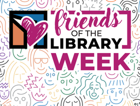 Friends of the Library logo, line drawings of people's faces