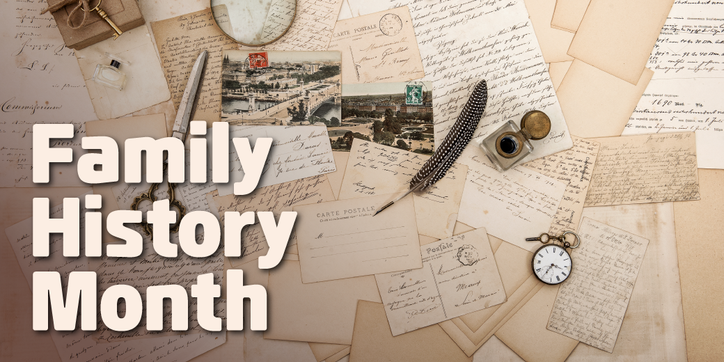 Family History Month - old letters, postcards, a watch, ink and quill
