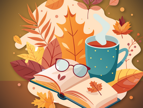 books with fall leaves and glasses