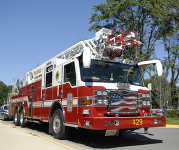 A red firetruck parked at Big Truck Night.