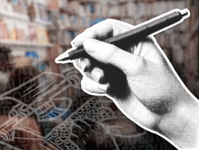 Collage style graphic with blurry background of library shelves, a icon drawing of a type writer and a black and white photo of a hand holding a pen
