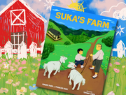 Illustrative farm scene background. In front is a book cover feature an old Asian man and a young Asian leading goats on a leash