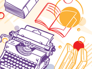 White background, line drawings of books and a typewriter surrounded by decorative polka dots.