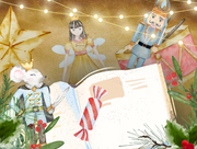 Watercolor collage including a nutcracker doll, a fairy doll and a rat king doll alongside an open book and miscellaneous Christmas holiday elements