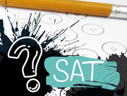 Background of a pencil laying on a exam test paper with empty circles, foreground includes a question mark, ink splatters and the letters SAT
