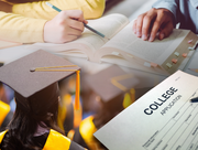 Collage featuring of photos of a person studying a text book, a person in a graduation cap and gown and a paper college application.