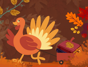 Decorative fall illustrated background with a illustrated turkey wheeling a wagon of books in the foreground.