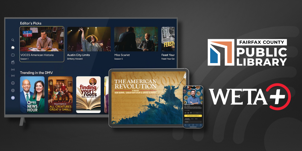 Smart TV, tablet and smart phone with screens featuring content from WETA's WETA+ streaming app, alongside FCPL logo and WETA+ logo