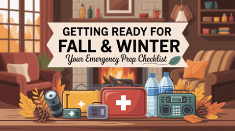 Cozy living room with autumn decor and emergency supplies, including water, a first aid kit, flashlight, and radio. 