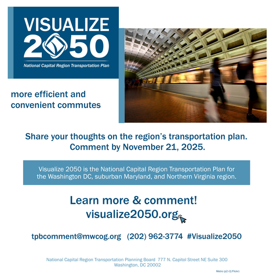 "Visualize 2050" graphic promoting the National Capital Region Transportation Plan, encouraging public comments by November 21, 2025