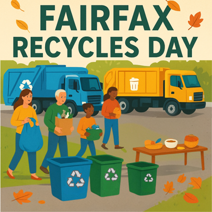 illustration of people recycling with trash trucks behind them