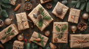 A display of gifts wrapped in brown paper and decorated with natural elements like pinecones.