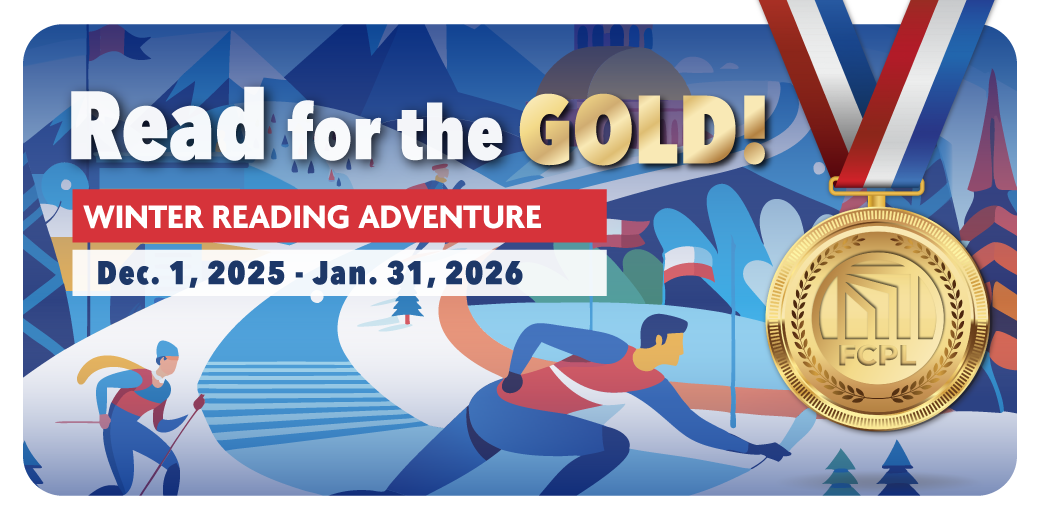 Winter scene featuring mountains, trees, flags, a skier and a skater. Text reads Read For the Gold Winter Reading Adventure Dec. 1,2025- Jan. 31,2026