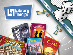 White background with board game boxes in foreground, a photo of two die and the FCPL Library of Things logo. 